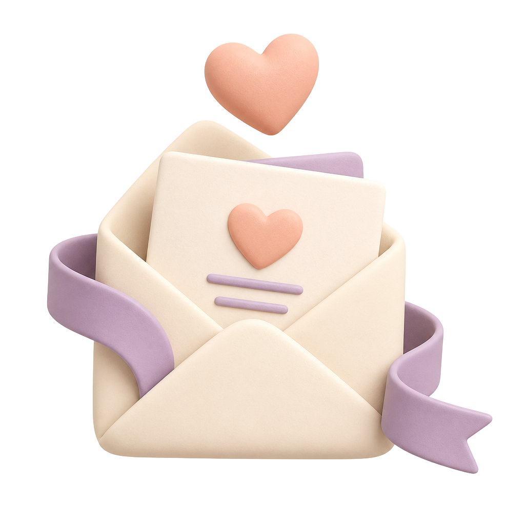 An open cream envelope with a note card, a blush heart and a lavender ribbon